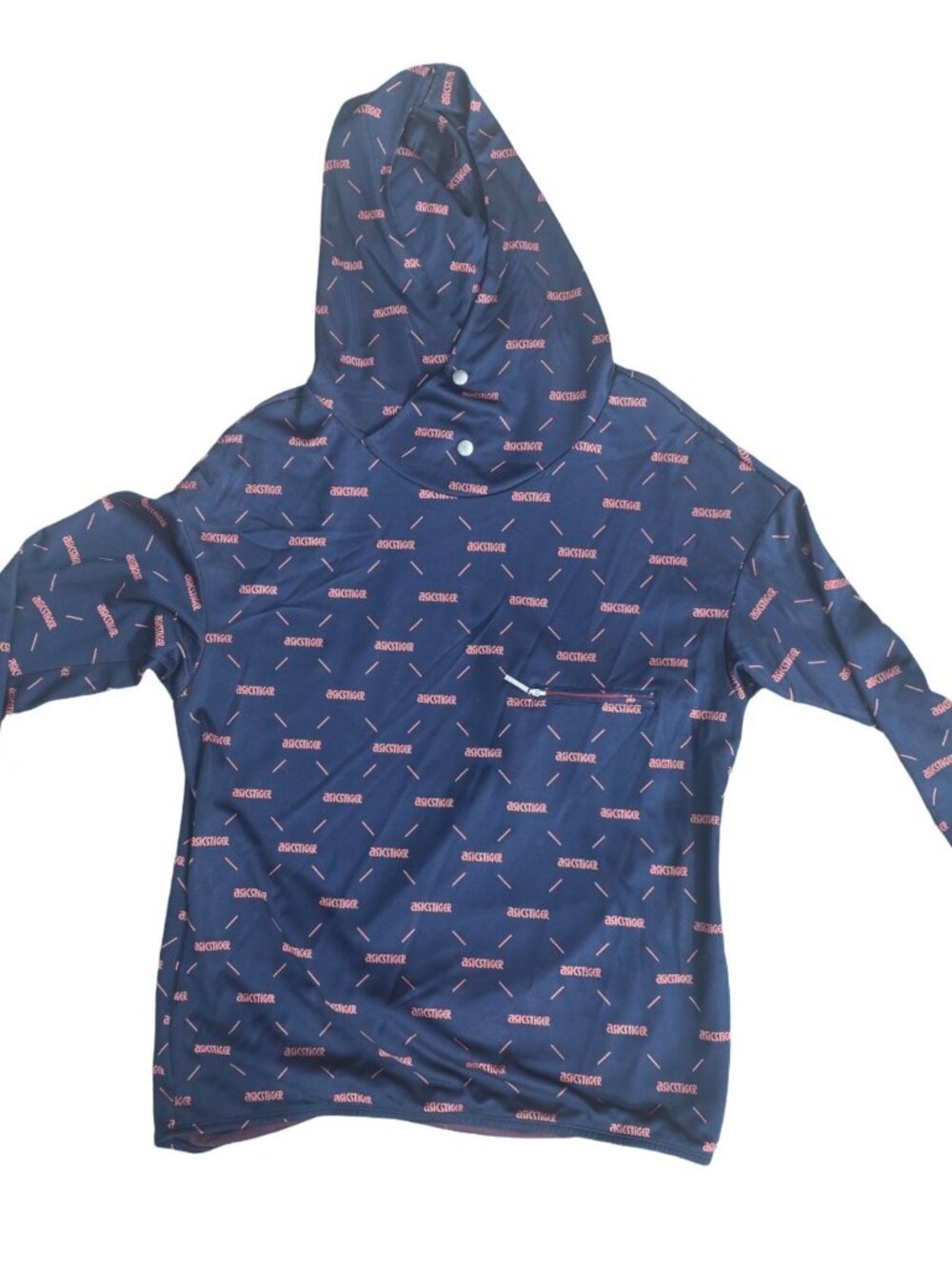 ASICS Tiger Mens Large Hooded Pullover Jacket Navy Red All Over Logo L